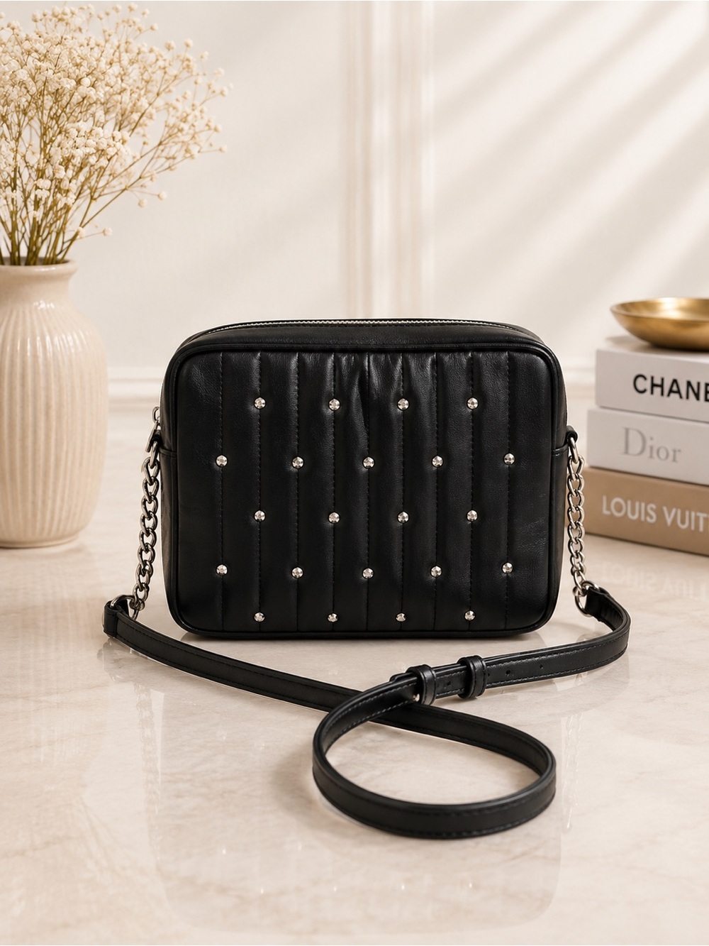 Kate Spade Black Quilted Leather Crossbody Bag Rhinestone Studded Chain Strap
